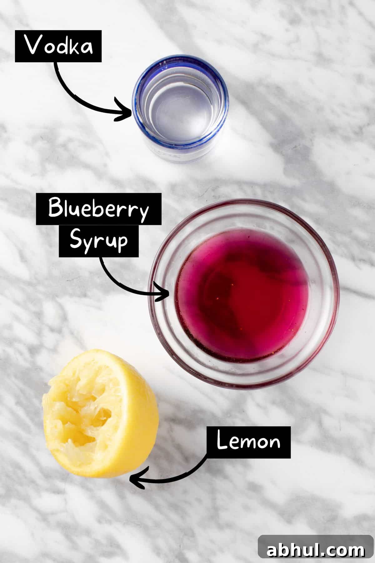 Blueberry Lemon Drop Martini Recipe & Cocktail Guide 3 The ingredients needed for the blueberry lemon drop martini.