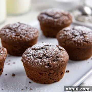 Baked chocolate muffins on a white serving platter.