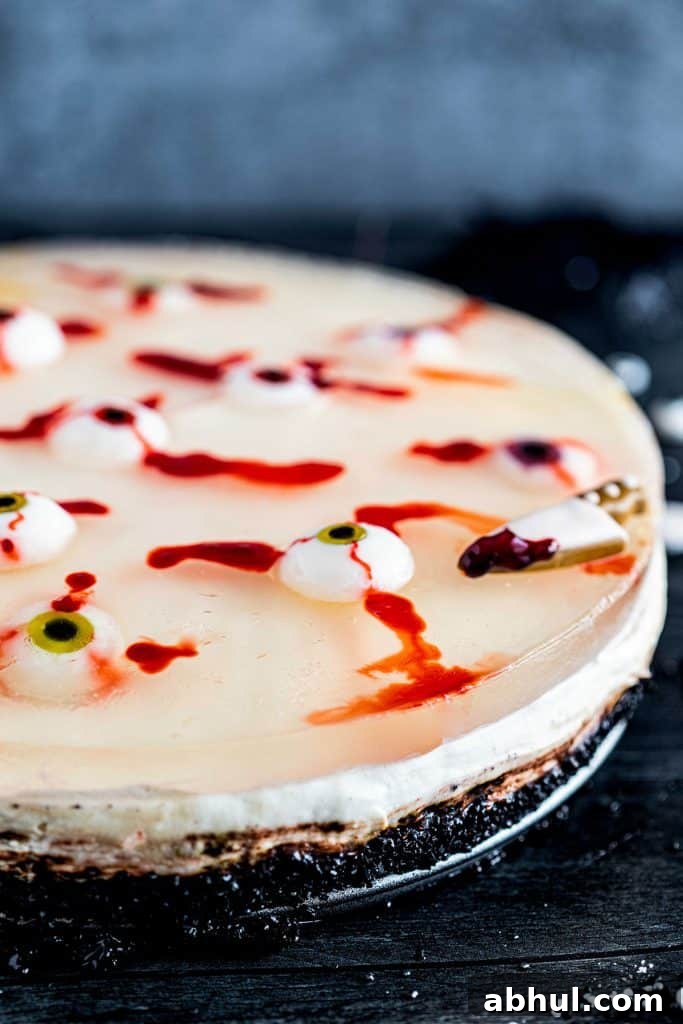 Halloween No Bake cheesecake with bloody creepy eyeballs