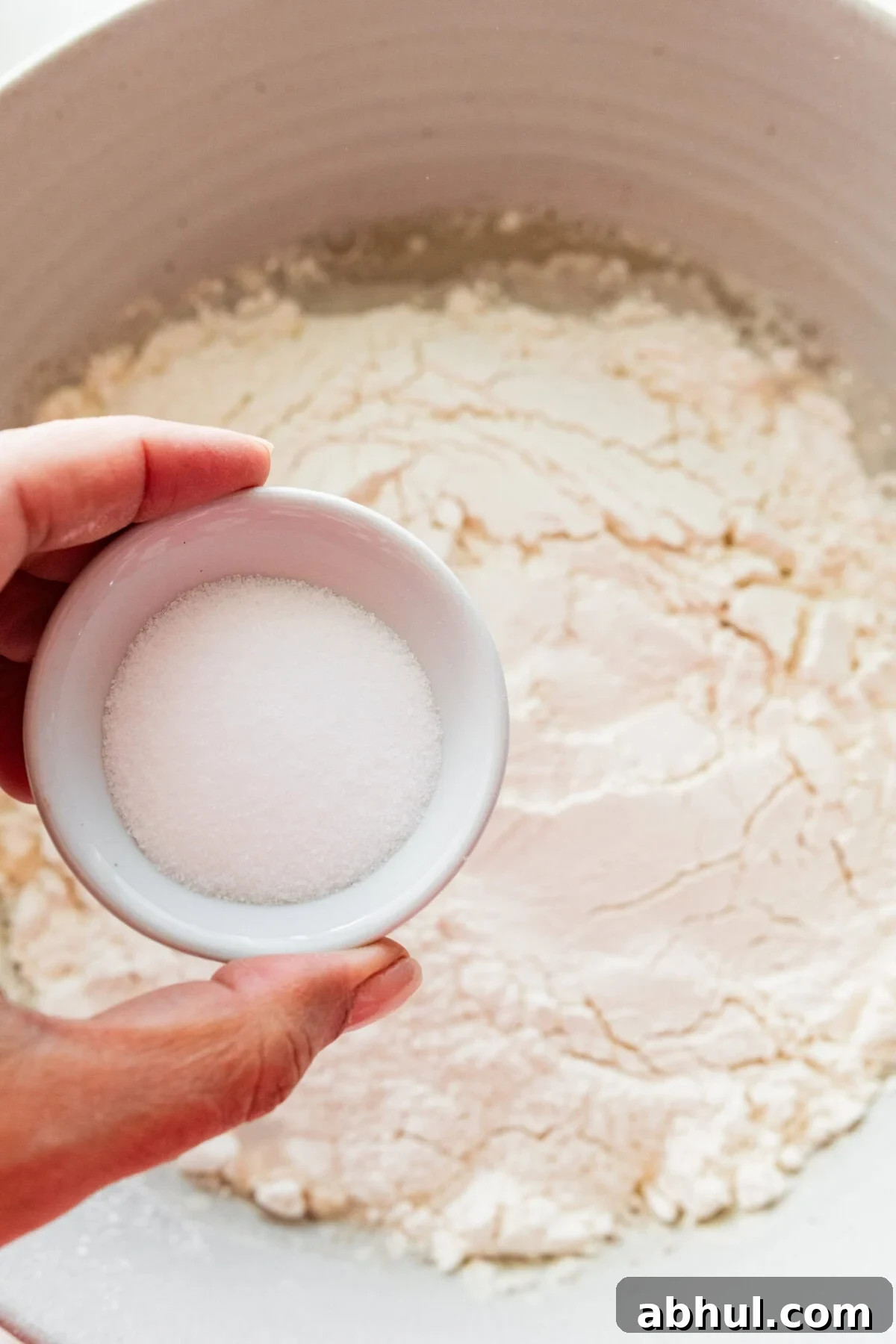 Flour added to the bowl and a hand holding the salt above. 