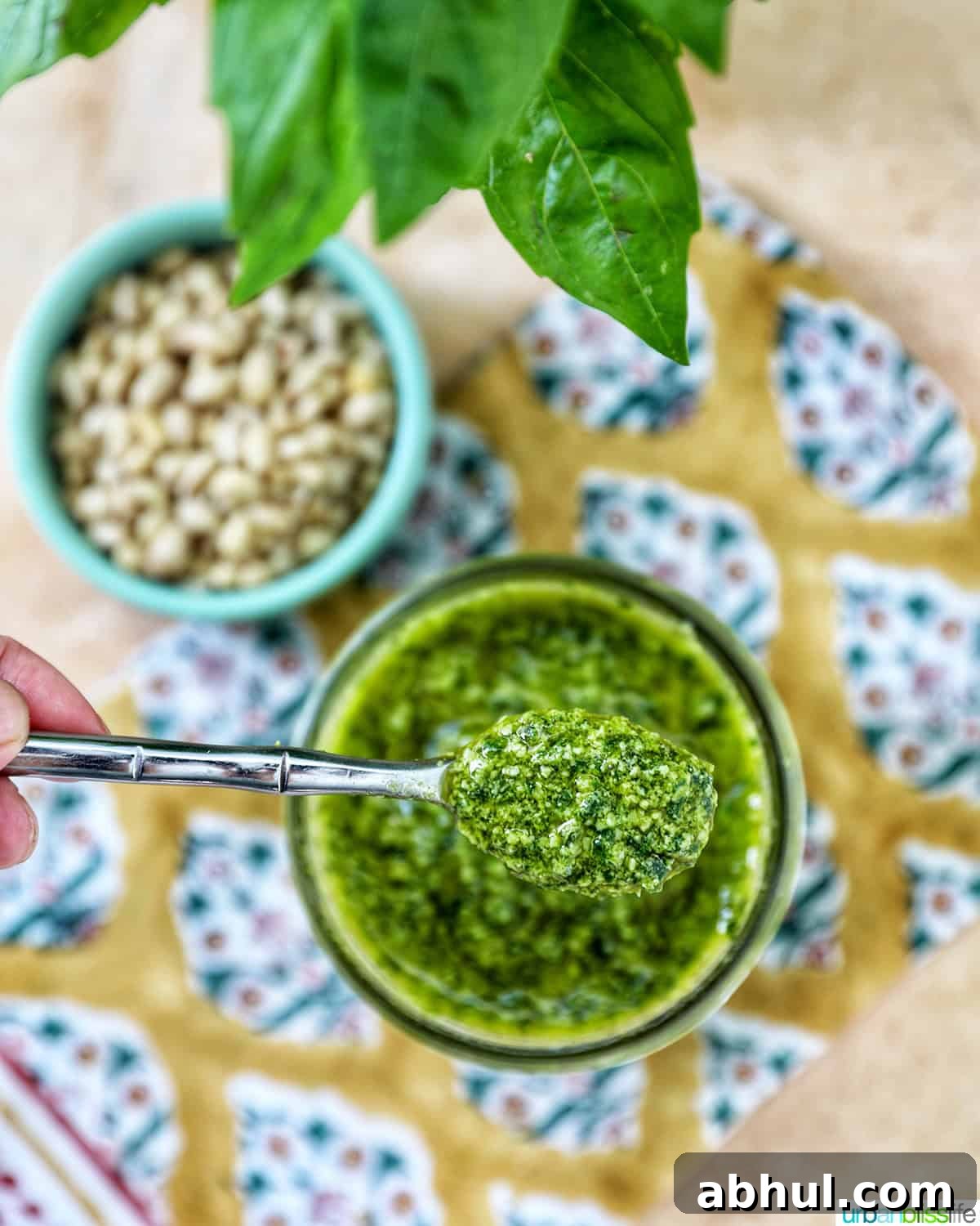 jar and spoonful of fresh basil pesto with side of pine nuts on a colorful napkin.