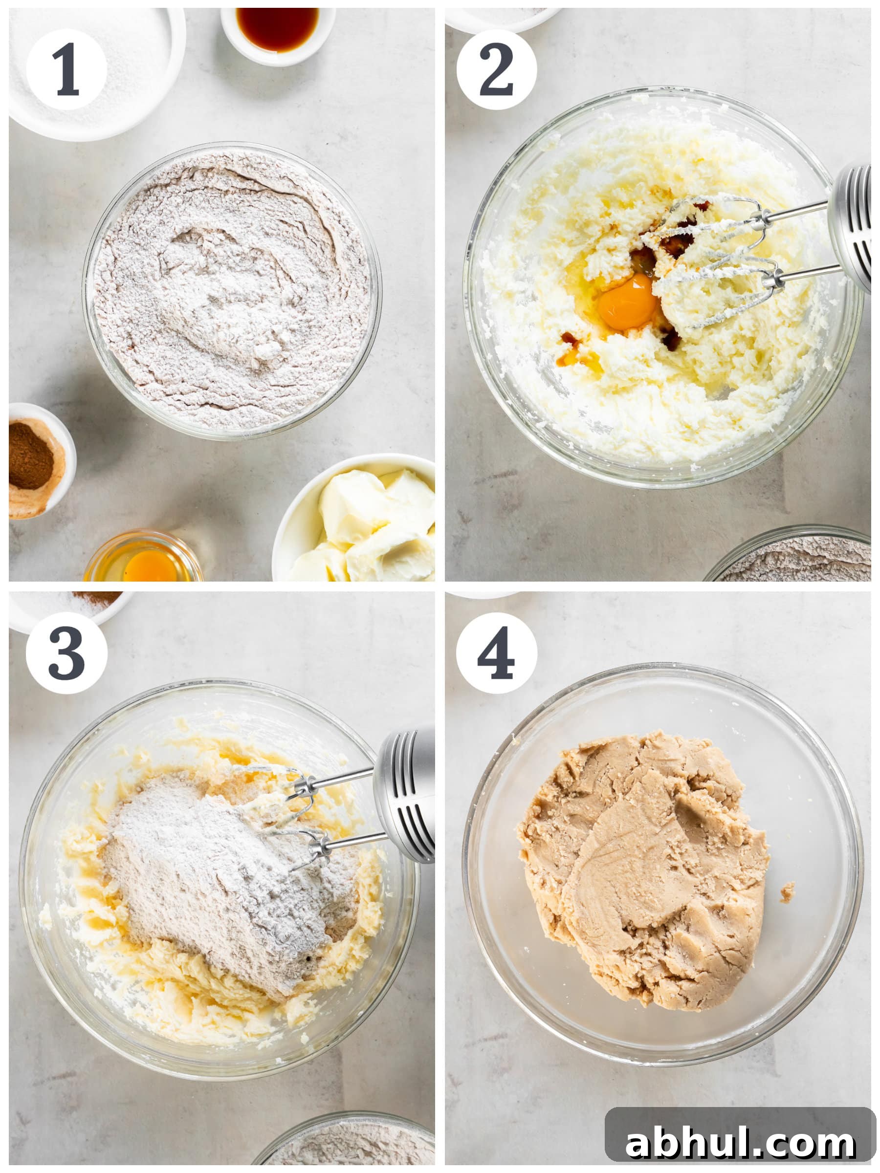 photo collage demonstrating how to make snickerdoodle cookie dough in a mixing bowl with a hand mixer.