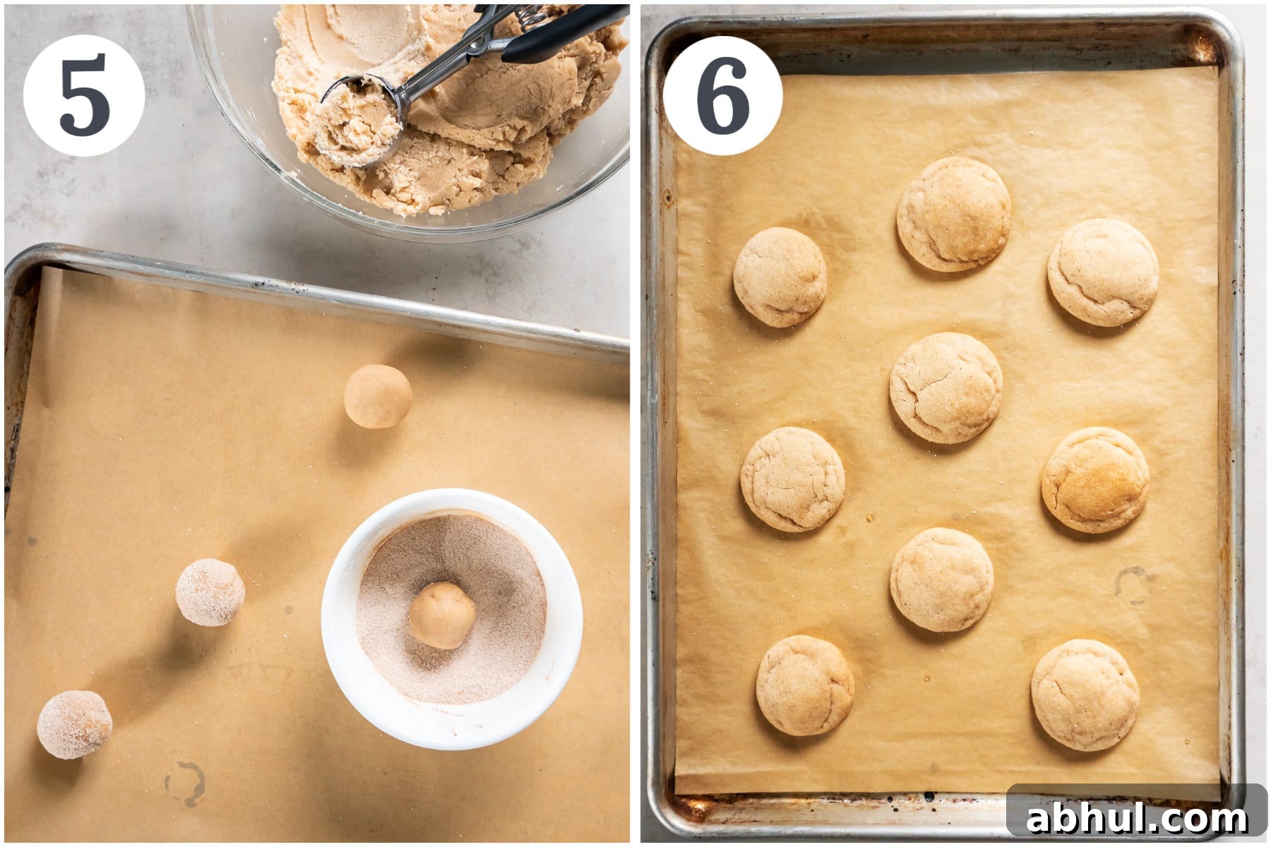 photo collage demonstrating how to roll snickerdoodle cookie dough balls in cinnamon sugar.