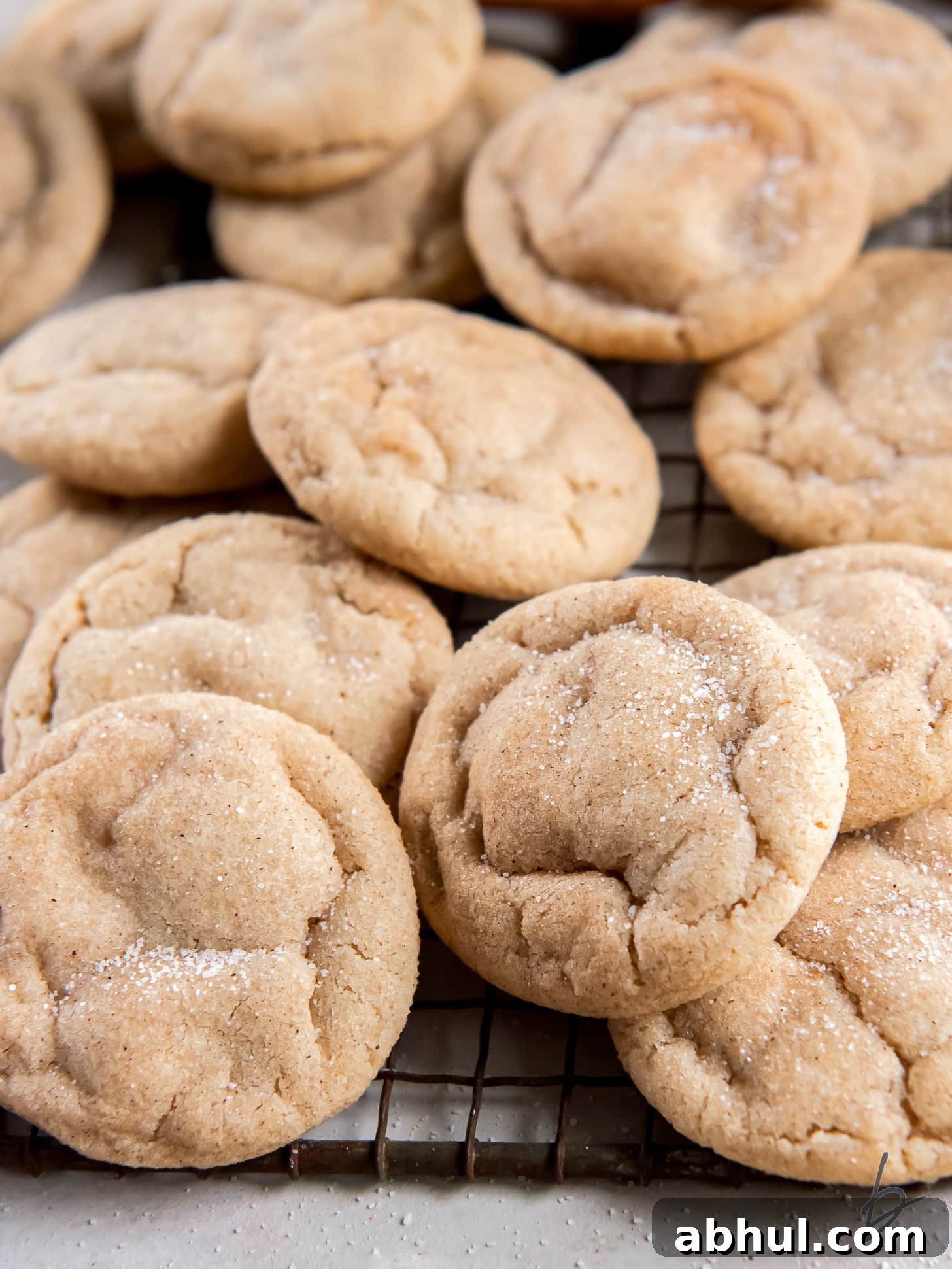snickerdoodle cookies in a pile on cooling rack.