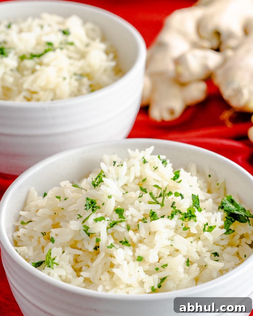 Close up of jasmine rice topped with parsley. 