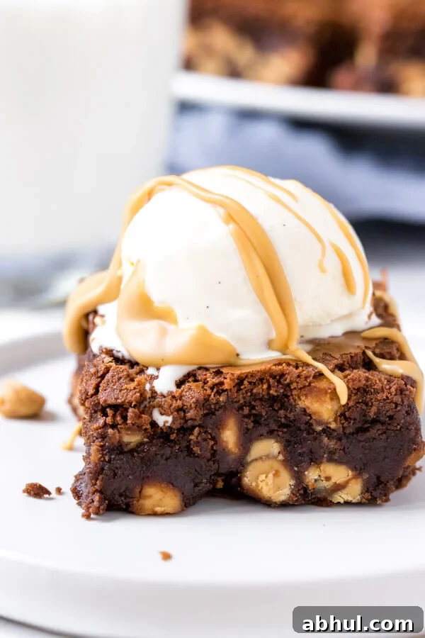 A gooey peanut butter brownie with vanilla ice cream and a drizzle of peanut butter.