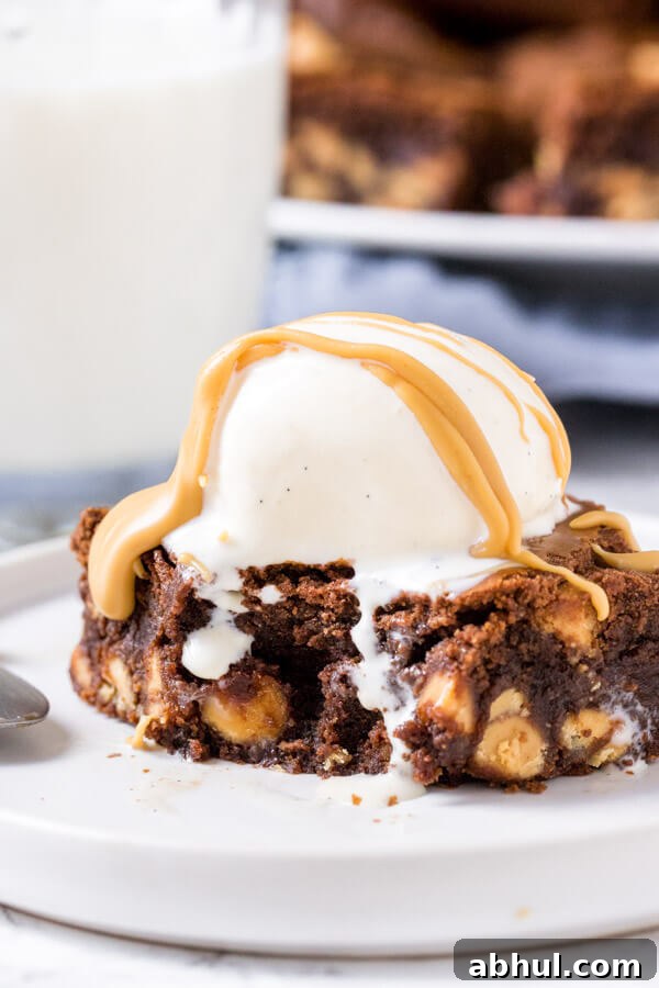 Gooey peanut butter brownie with peanut butter chips and scoop of ice cream with bite taken out of it.