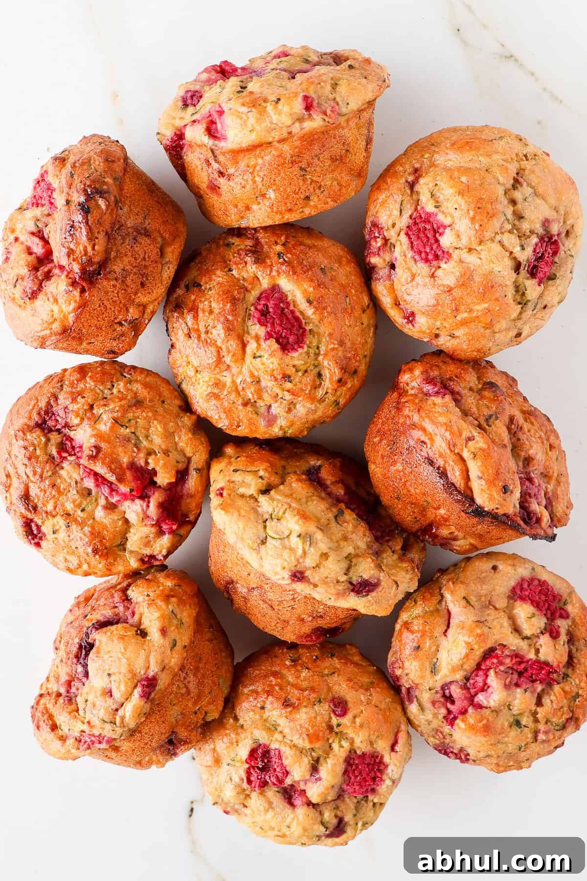 To view of banana raspberry muffins.
