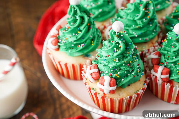 Close up of decorated Christmas Tree Cupcakes