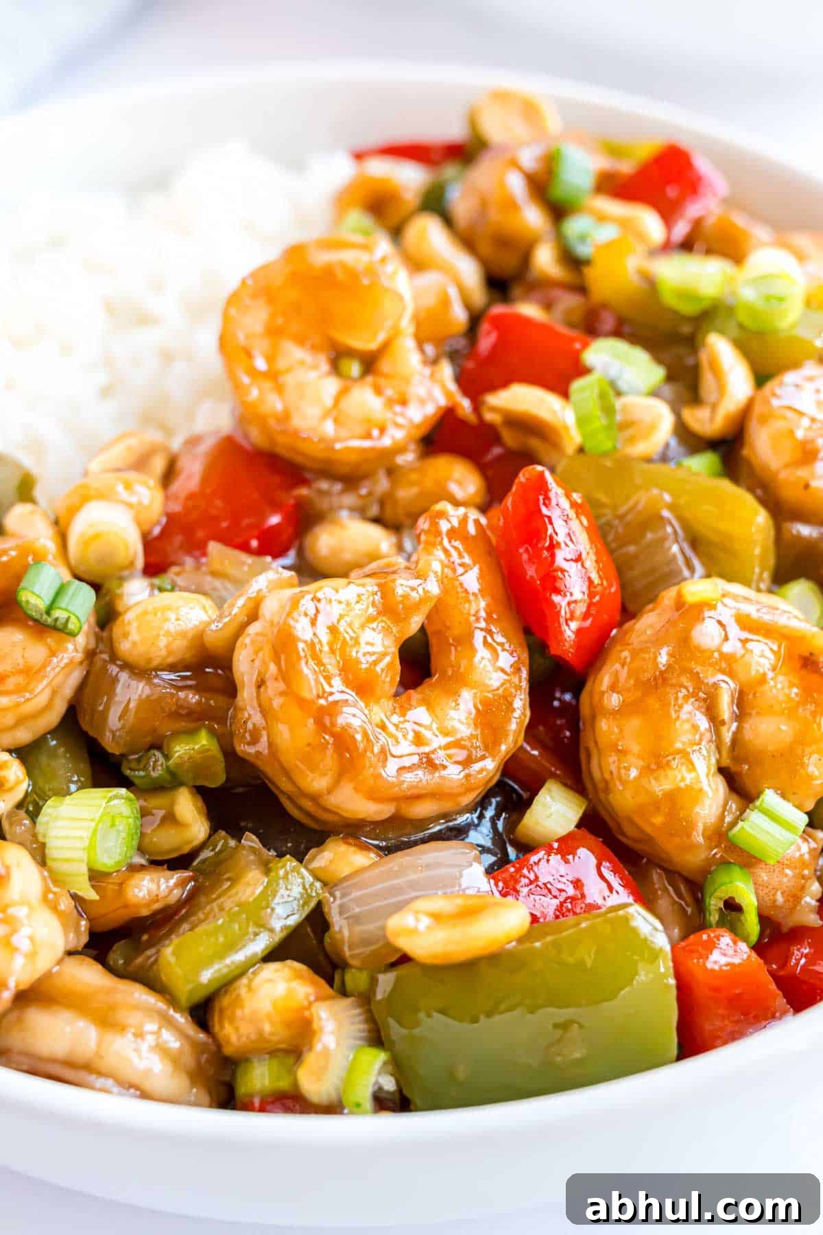 Kung Pao shrimp, shown with rice, garnished with green onions.