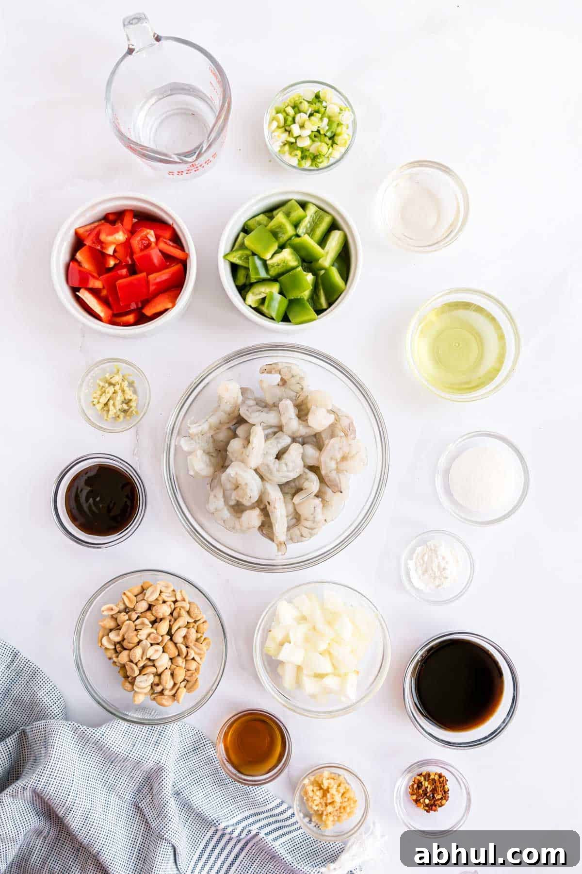 Overhead view of ingredients needed to make kung pao shrimp.