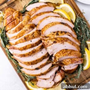 smoked turkey breast sliced on a wooden cutting board, surrounded by rosemary and lemon slices.