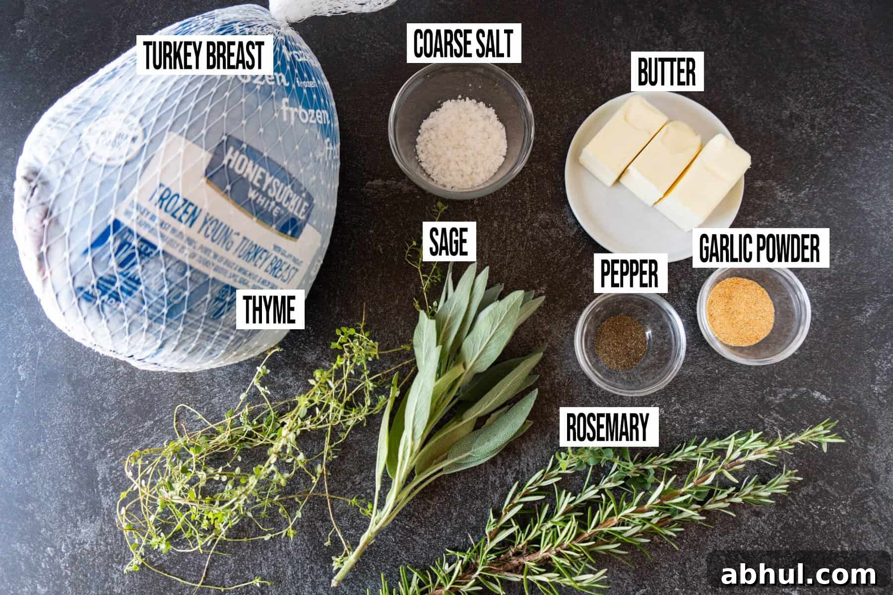 Smoked Turkey Breast ingredients laid out and in individual bowls and labeled.
