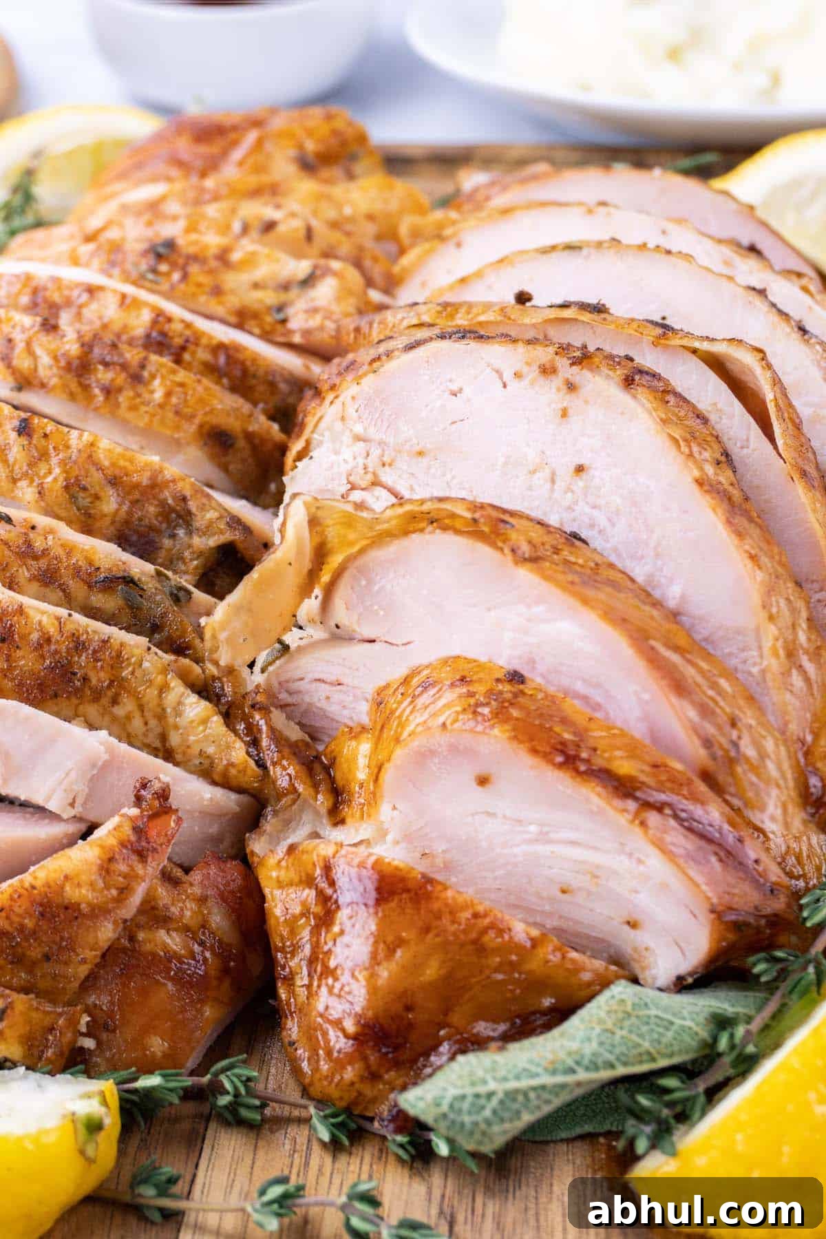 Sliced smoked turkey breast on a wooden cutting board surrounded by sage and lemon slices and fresh rosemary.