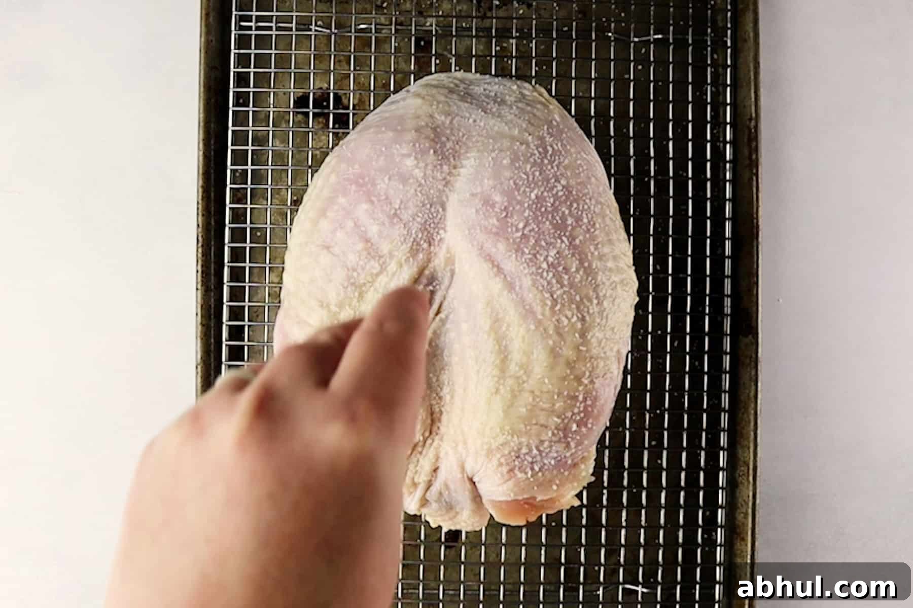 Sprinkling the raw turkey breast with salt.