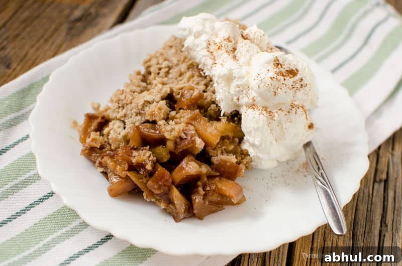 caramel apple crips on a whit eplate with ice cream and a spoon 
