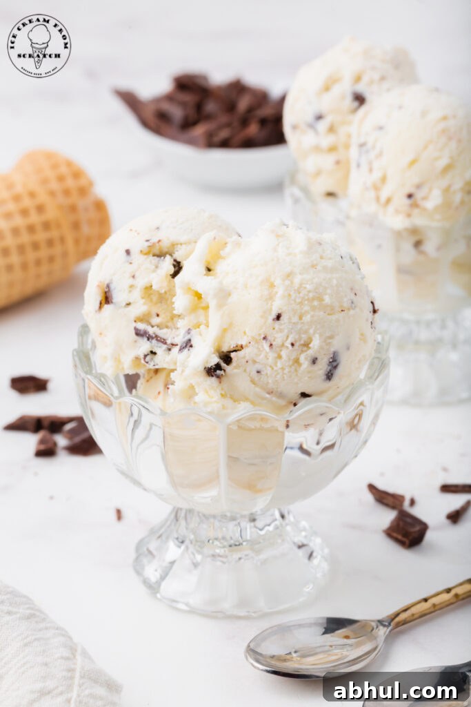 a footed glass dessert dish is filled with scoops of homemade chocolate chip ice cream