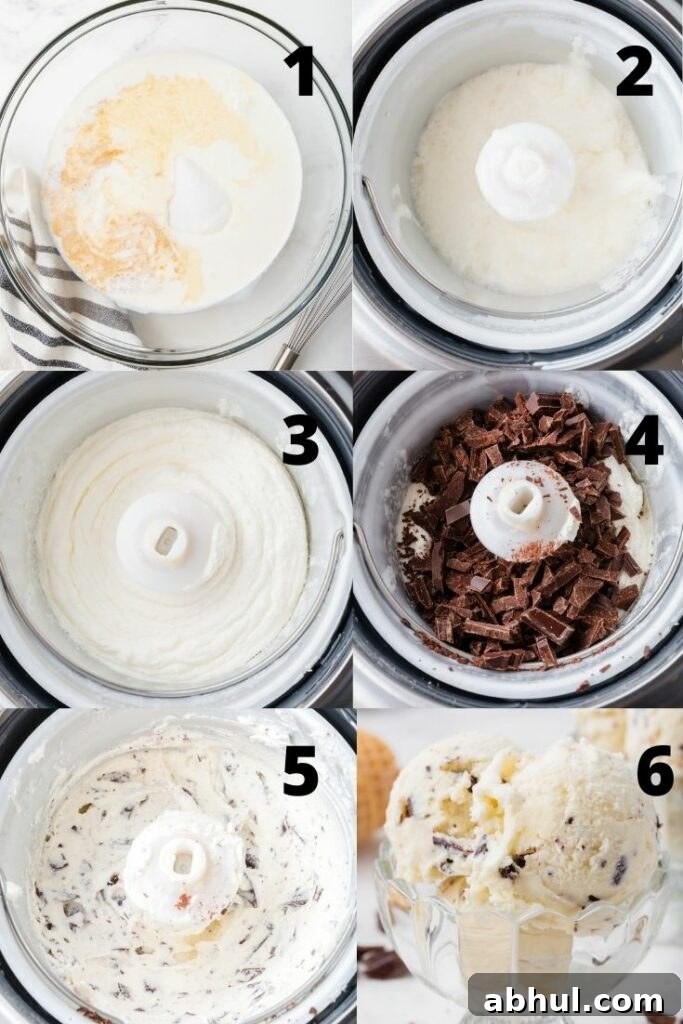 Photo collage showing six steps needed to make chocolate chip ice cream in an ice cream machine.
