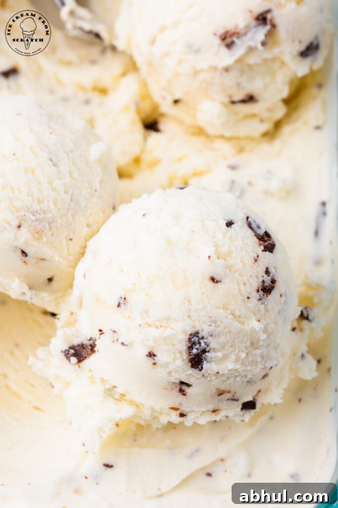 closeup view of scoops of homemade chocolate chunk ice cream.
