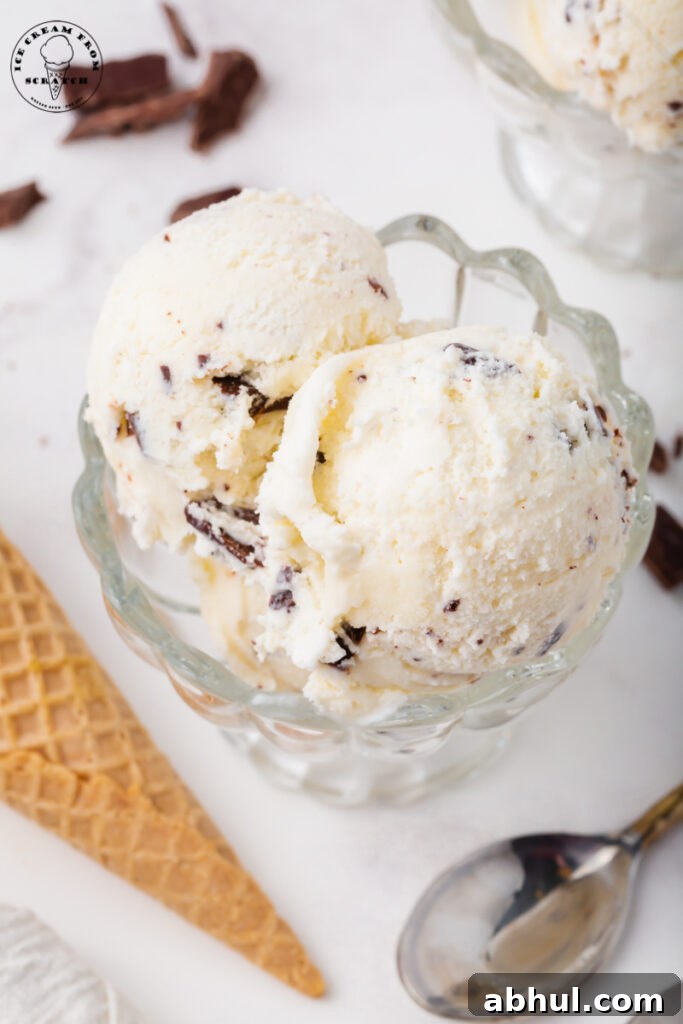 a footed glass dessert dish is filled with scoops of homemade chocolate chip ice cream