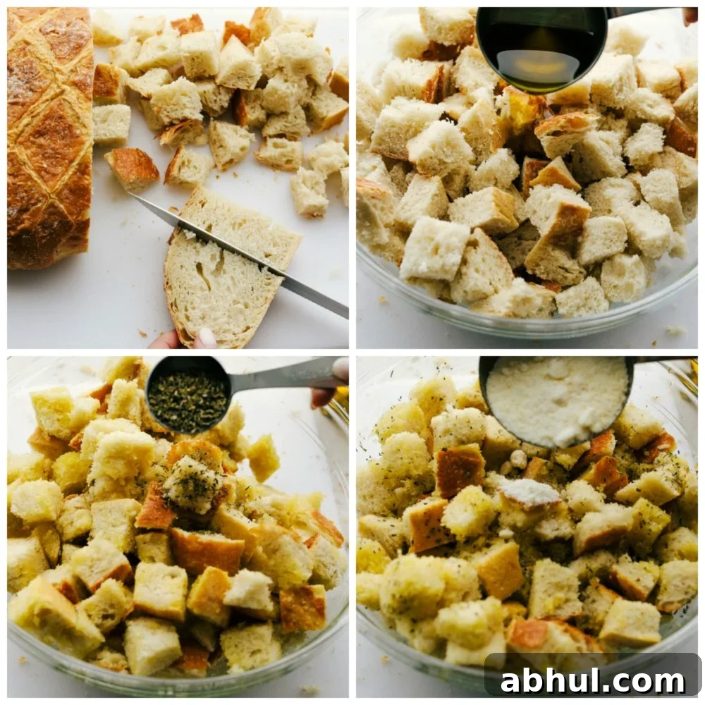 Crunchy, perfectly seasoned and addicting, these Homemade Croutons are the Best. After you see how easy and simple it is you'll never buy store croutons again. They will crunch, but then melt in your mouth. You will want to make salad or soup just to eat these. Making perfectly crunchy homemade croutons.