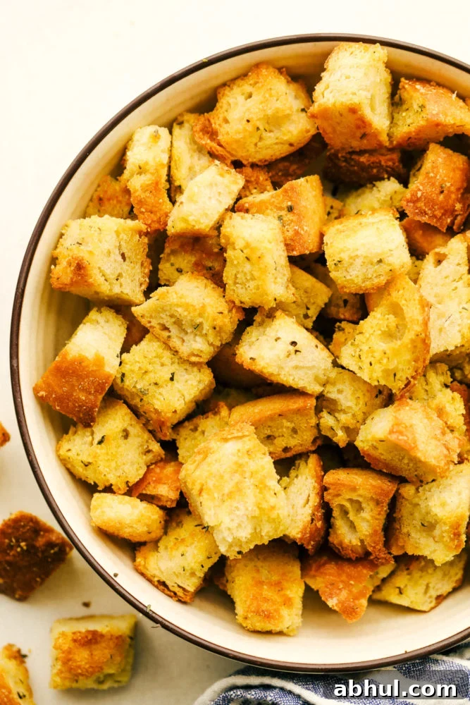 Crunchy, perfectly seasoned and addicting, these Homemade Croutons are the Best. After you see how easy and simple it is you'll never buy store croutons again. They will crunch, but then melt in your mouth. You will want to make salad or soup just to eat these. Crispy, savory, perfectly seasoned croutons.