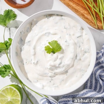 A bowl of homemade cilantro lime crema garnished with a cilantro leaf, surrounded by fresh limes and a wooden spoon.