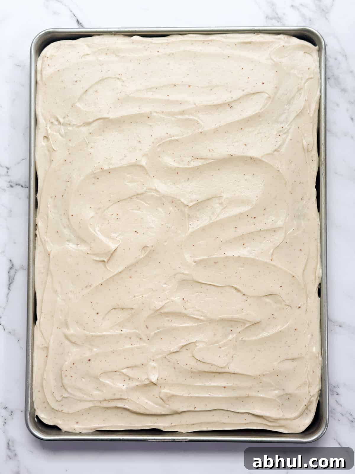 the brown butter banana sheet cake ready to serve.