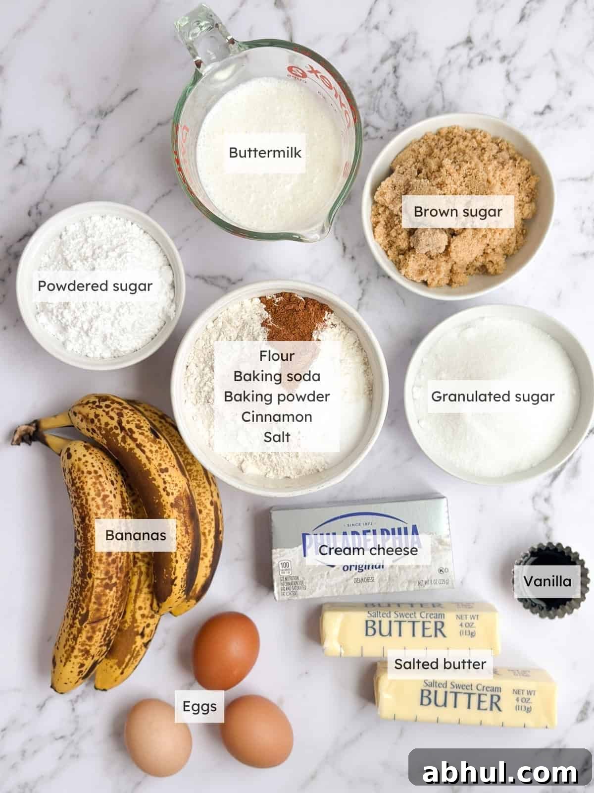 All of the ingredients needed to make browned butter banana sheet cake.