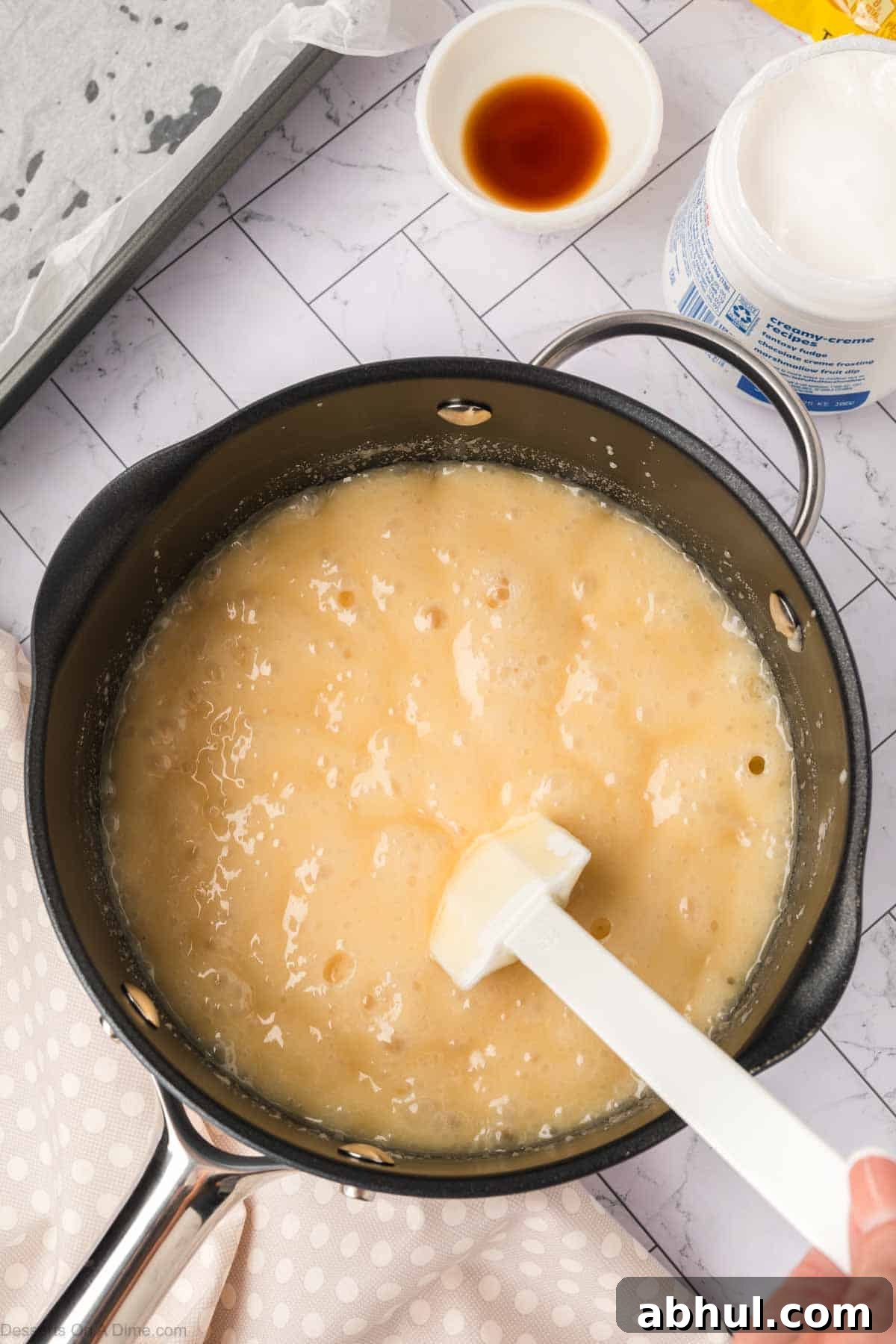 Mixture combined and boiling. 