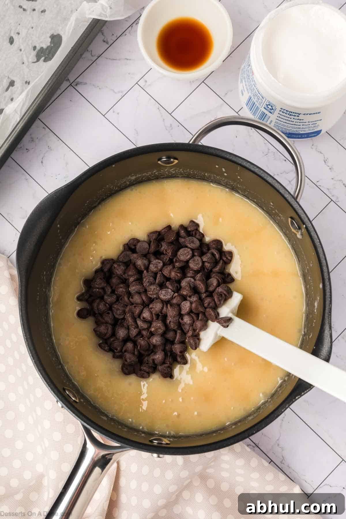 Chocolate chips added to mixture. 