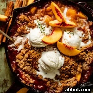 peach crumble in a cast iron skillet topped with ice cream.