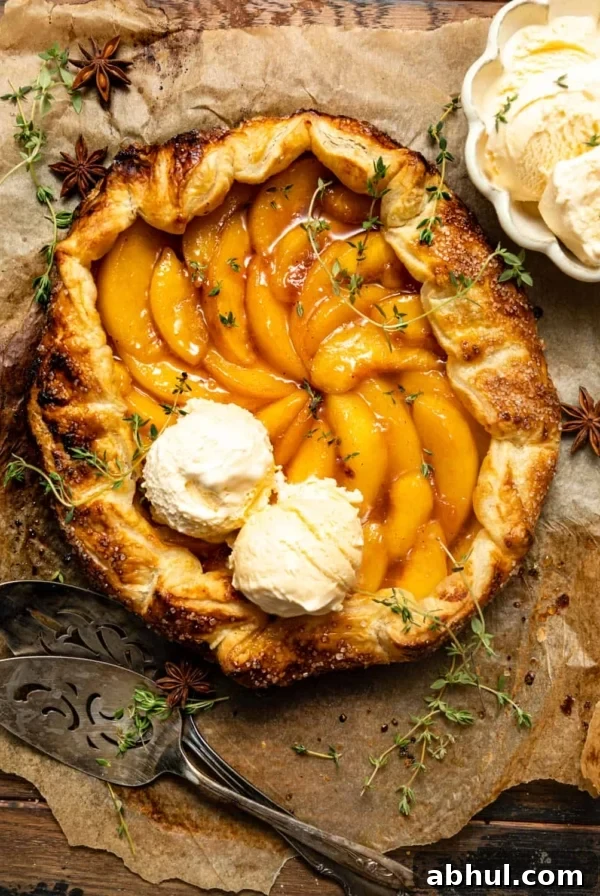 Rustic peach galette with two scoops of vanilla ice cream on top.