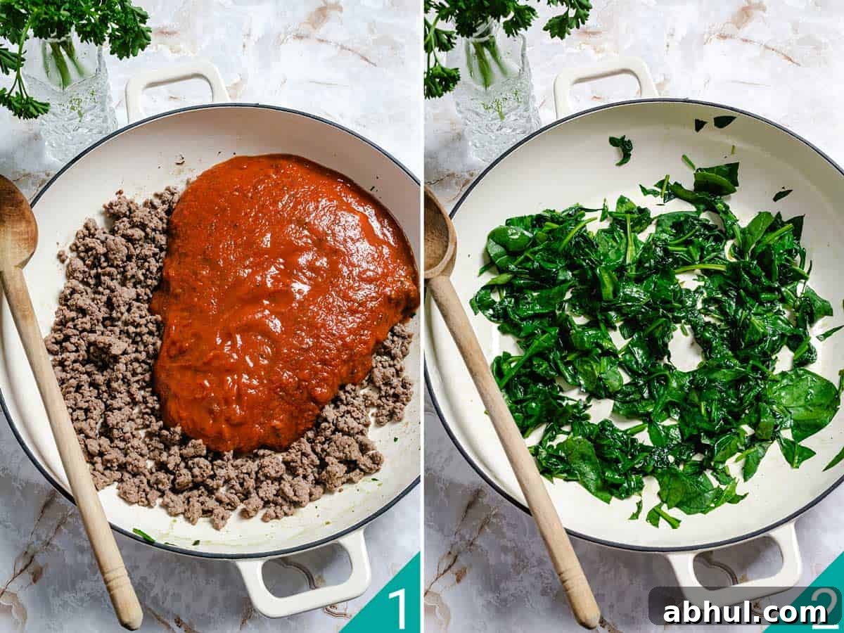 Authentic Sicilian Lasagna: Traditional Recipe & Tips 4 Two photos for making ragu meat sauce and spinach layer for lasagna.