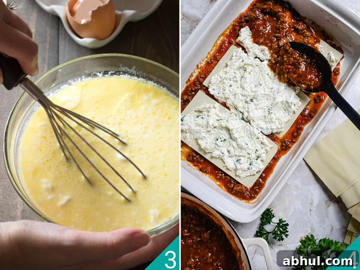 Authentic Sicilian Lasagna: Traditional Recipe & Tips 5 Mixing cheeses and assembling first layers of lasagna.