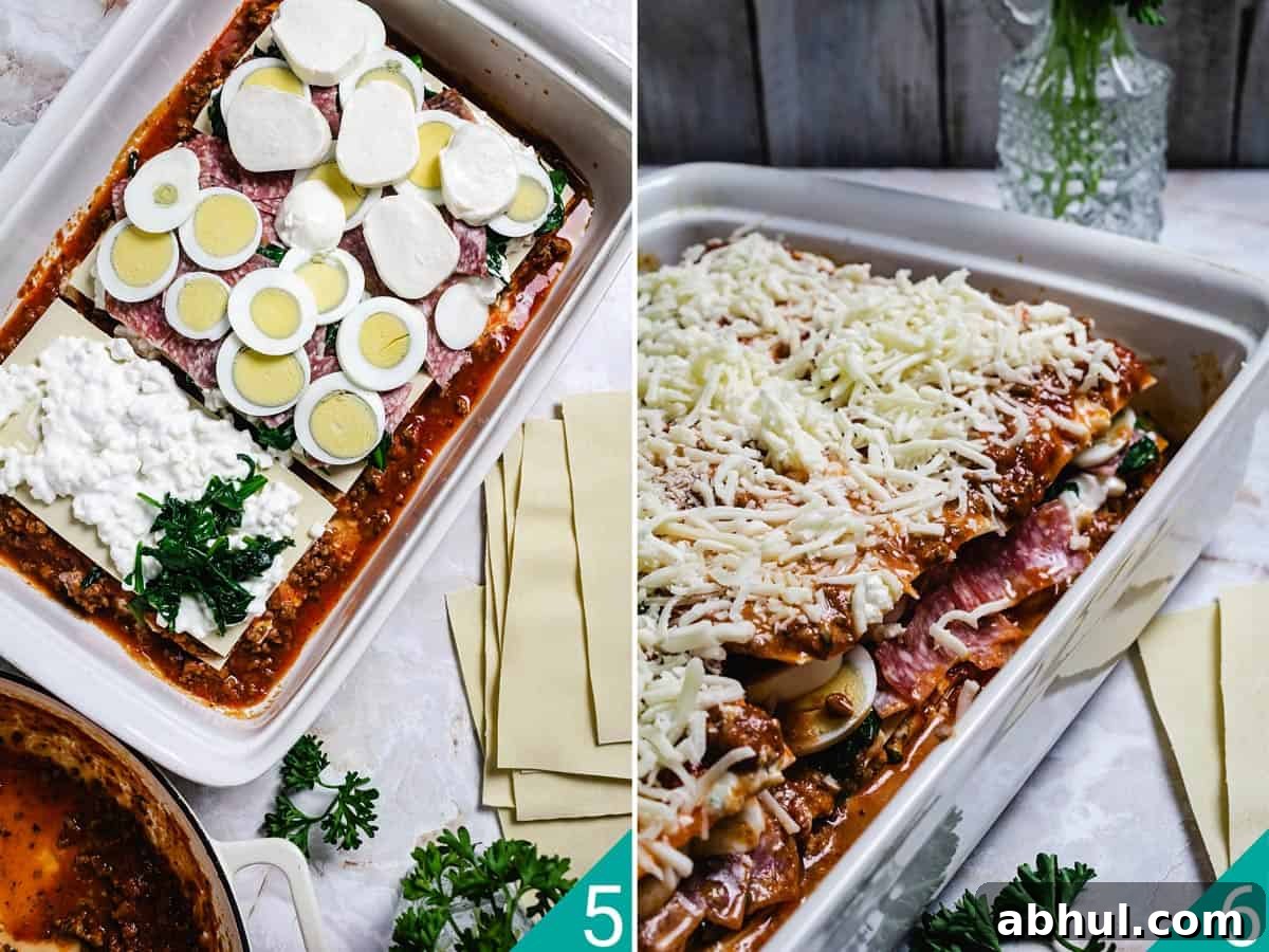 Authentic Sicilian Lasagna: Traditional Recipe & Tips 6 Salami and boiled eggs layer and assembled lasagna photos.