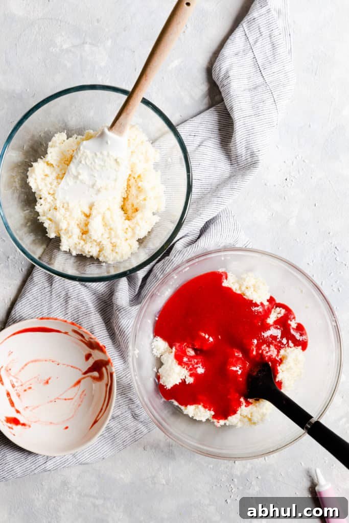 Strawberry Coconut Frozen Squares: Refreshing No-Bake Treat 11 overhead shot of bowls with coconut and strawberry mixture