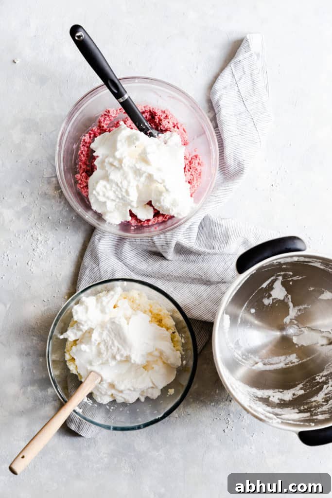 Strawberry Coconut Frozen Squares: Refreshing No-Bake Treat 14 overhead shot with bowls of coconut and meringue mixture