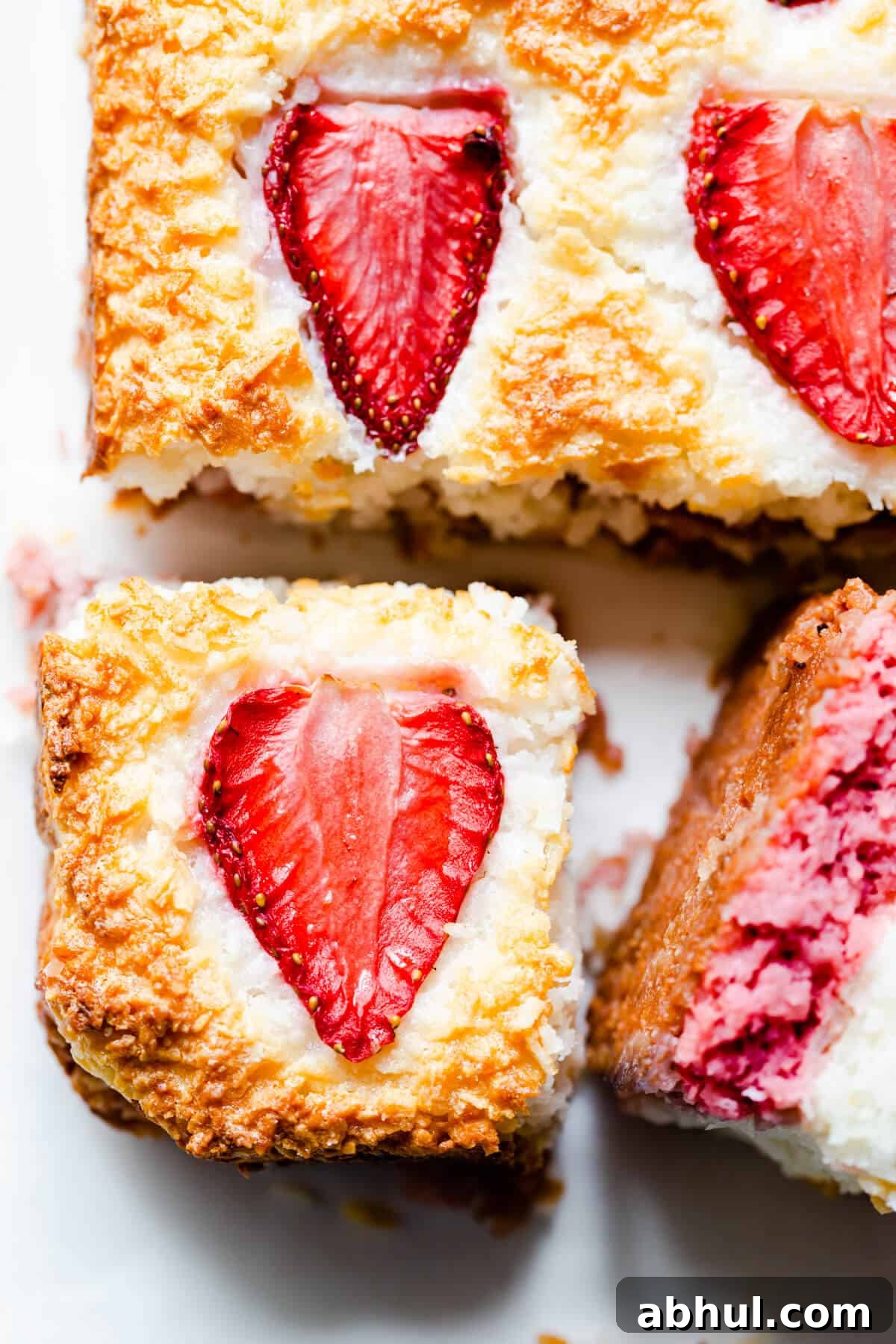 Strawberry Coconut Frozen Squares: Refreshing No-Bake Treat 22 top view super close up of strawberry coconut ice square