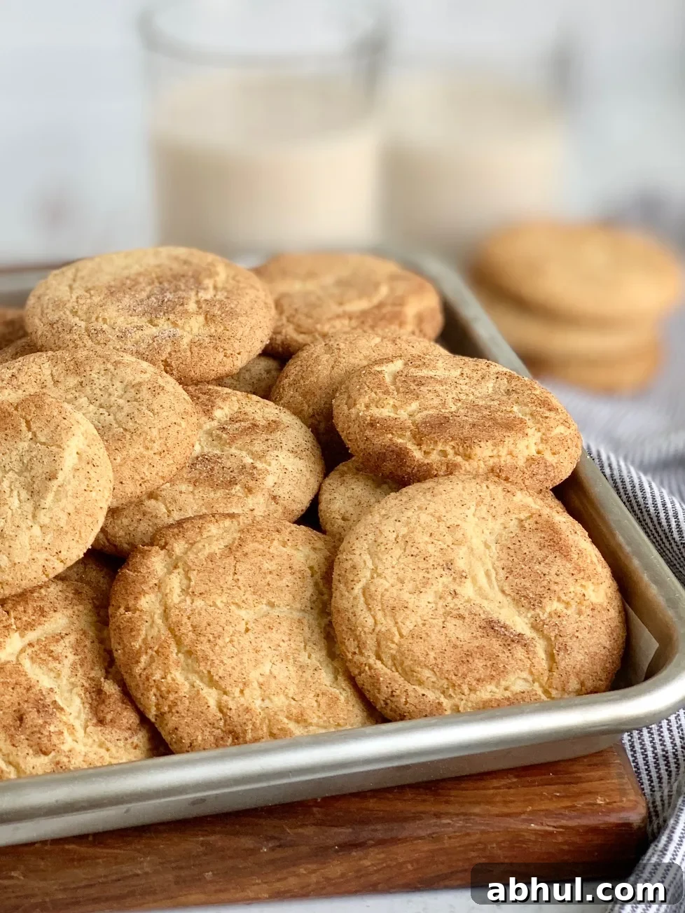 A small baking pan filled with round baked cookies with a crackly cinnamon and sugar topping.