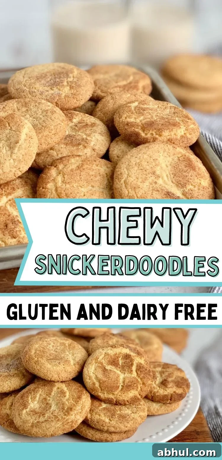 A collage of gluten free Snickerdoodle cookies that are dairy free with text overlay.