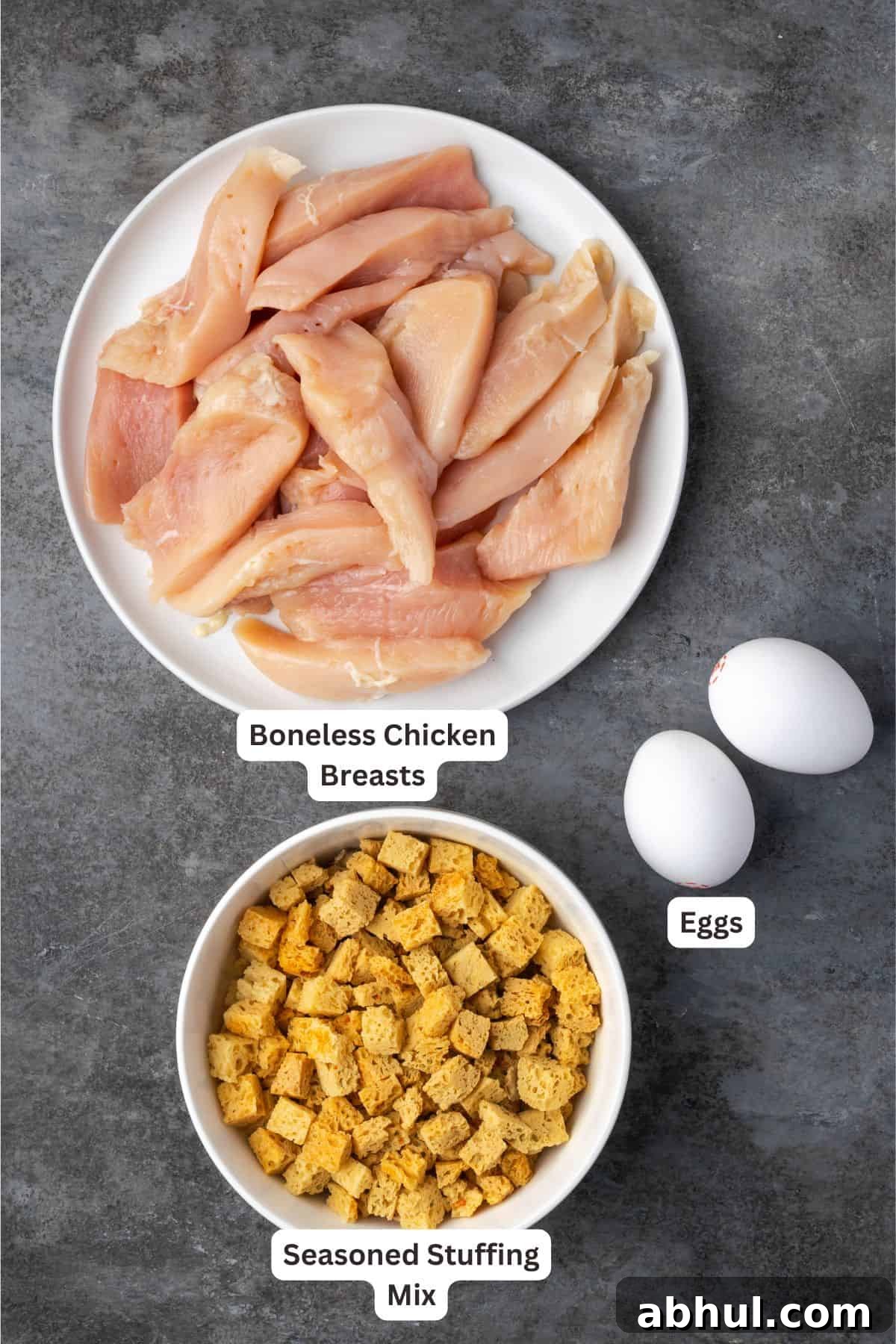 Ingredients for crispy chicken tenders breaded with stuffing with text labels overlaying each ingredient.