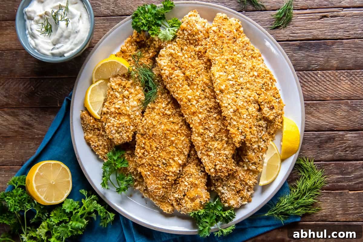 Crispy Oven-Baked Fish Fillets with Parmesan Crust 5 A top down shot of a white plate full of crispy baked fish with lemon wedges and parsley.
