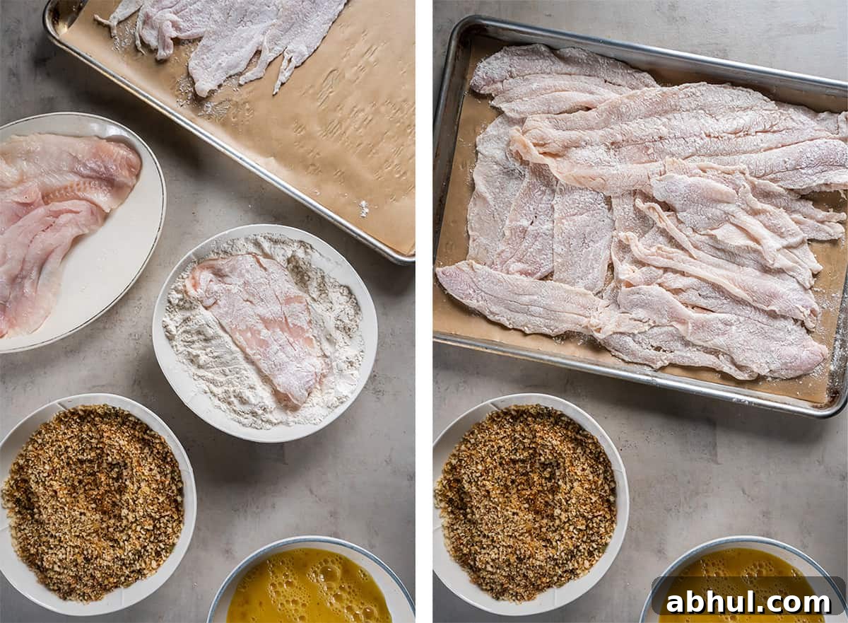 Crispy Oven-Baked Fish Fillets with Parmesan Crust 6 Two images of fish filets dredged in flour on a foil lined baking sheet.