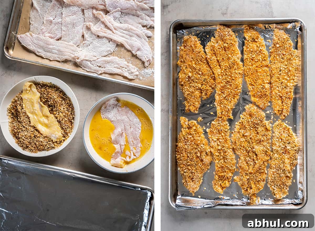 Crispy Oven-Baked Fish Fillets with Parmesan Crust 7 A fish filet in a bowl of beaten ega and one in a bowl of breadcrumbs and a baking sheet full of breaded fish.