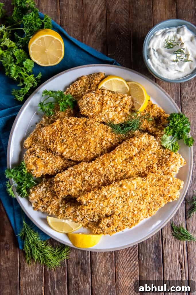 Crispy Oven-Baked Fish Fillets with Parmesan Crust 10 A top down shot of a platter of crispy fish filets next to a small bowl of creamy dill sauce.