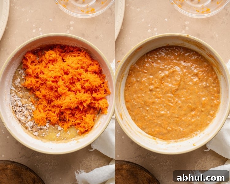Freshly grated carrots added to muffin batter and folded in until evenly combined.