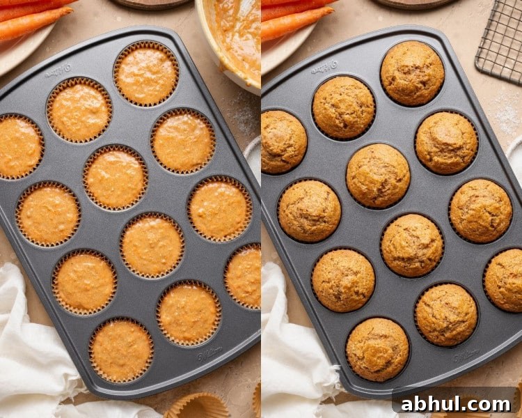Before and after view of carrot cake muffin batter in a lined muffin tin and fully baked muffins with tall, golden domed tops in the same pan.