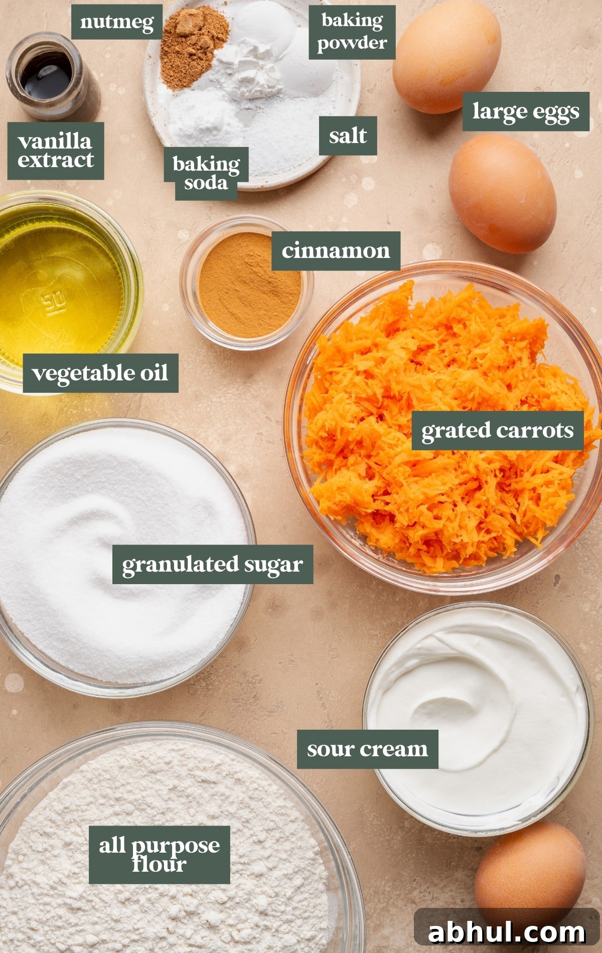 Overhead view of labeled carrot cake muffin ingredients including grated carrots, flour, sugar, sour cream, eggs, vegetable oil, cinnamon, nutmeg, baking soda, baking powder, salt, and vanilla extract.