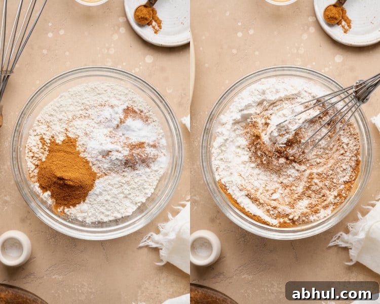Dry ingredients for carrot cake muffins including flour, cinnamon, baking powder, baking soda, nutmeg, and salt in a bowl before and during whisking.